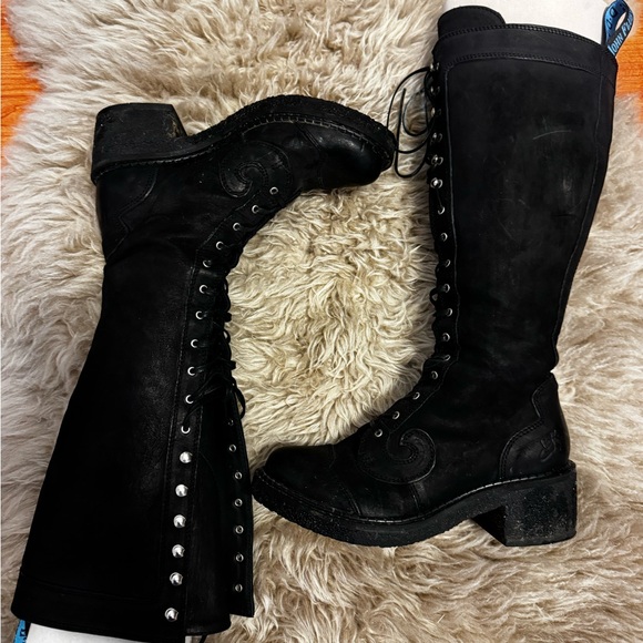 John Fluevog Black Leather Lace-Up Knee-High Boots - Picture 2 of 4